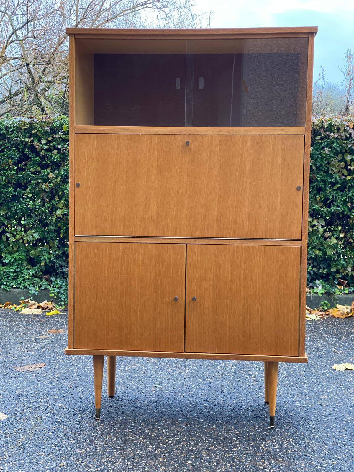 Vintage Scandinavian glass secretary with 3 doors and compass legs 145cm