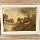 Old painting on framed canvas, countryside