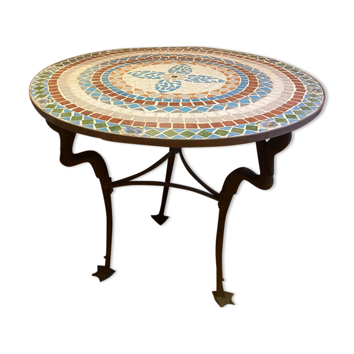 Mosaic garden table, gooseneck legs