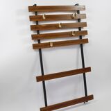 Wall coat rack by Carl Aubock with 5 brass hooks, walnut, iron, Austria, 1950s.