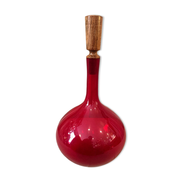 Bouteille ou soliflore rouge oignon avec bouchon en bois vintage murano