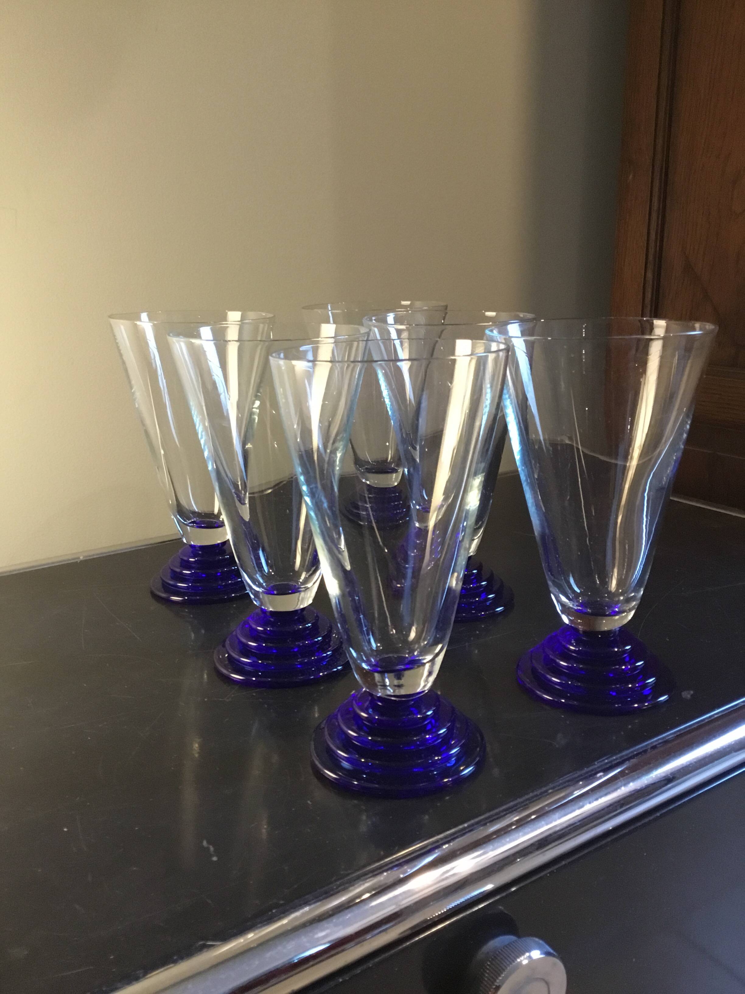 6 cobalt blue Art Deco footed glasses