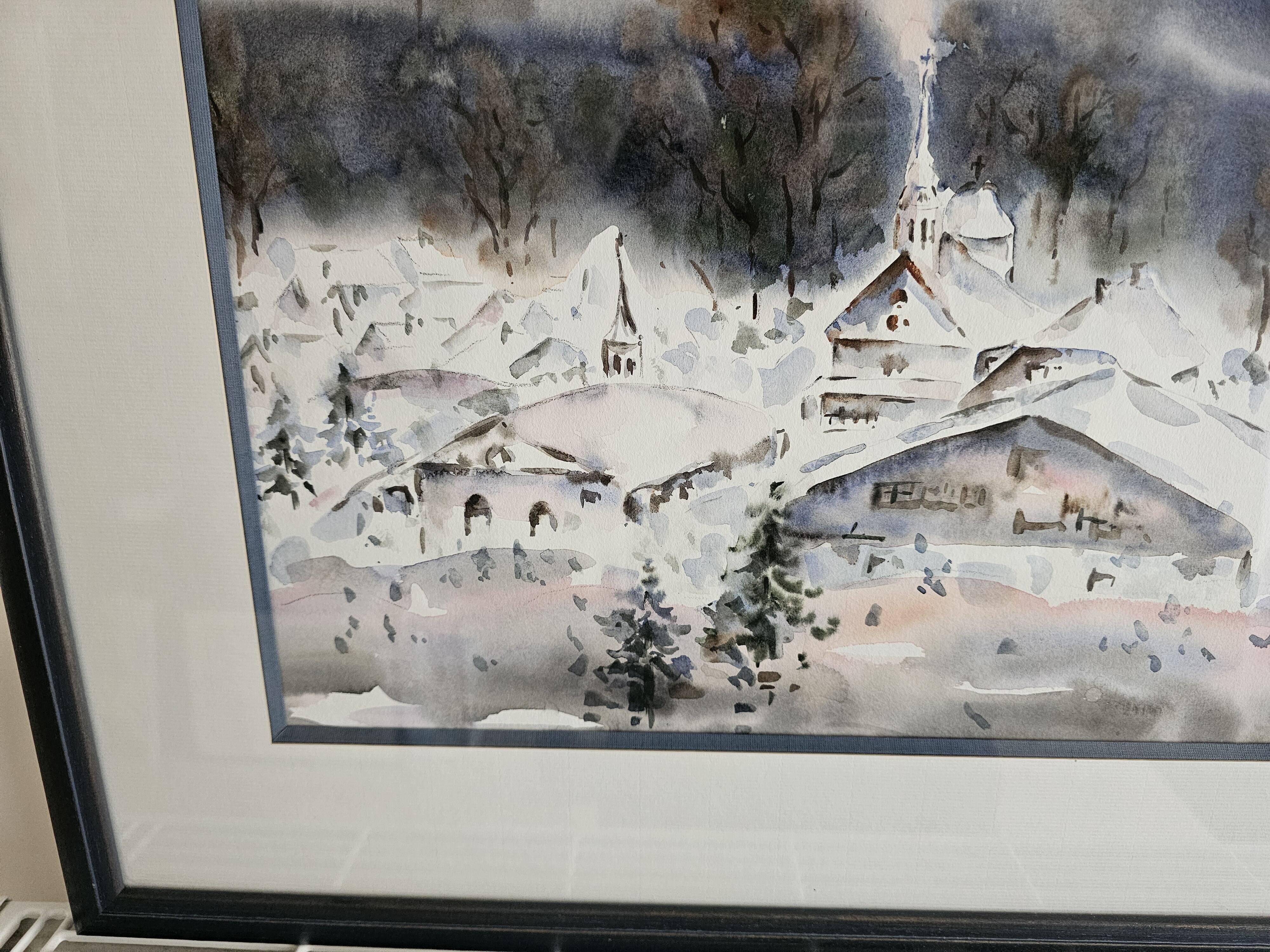 Painting - Watercolor snow landscape - View of Megève Signed