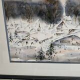 Painting - Watercolor snow landscape - View of Megève Signed