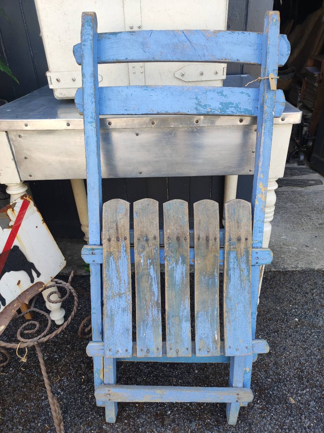 Vintage blue garden chair, wooden and folding
