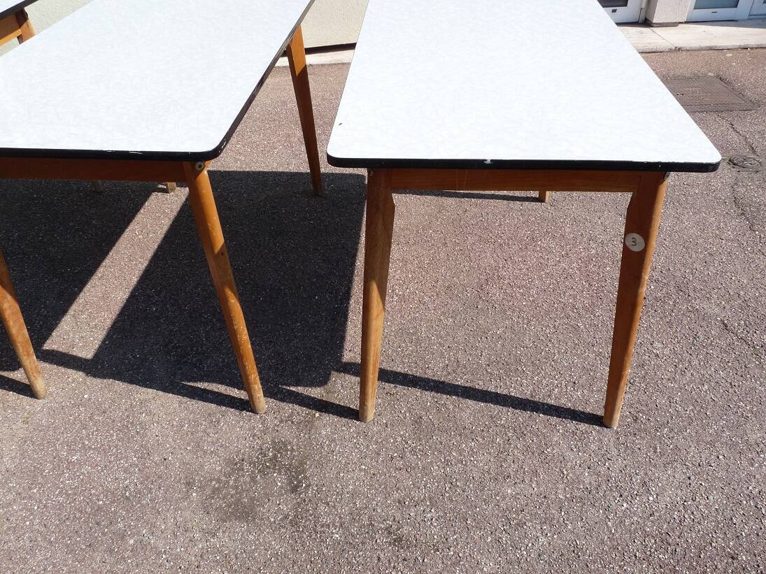 set of 3 vintage white Formica and wood tables
