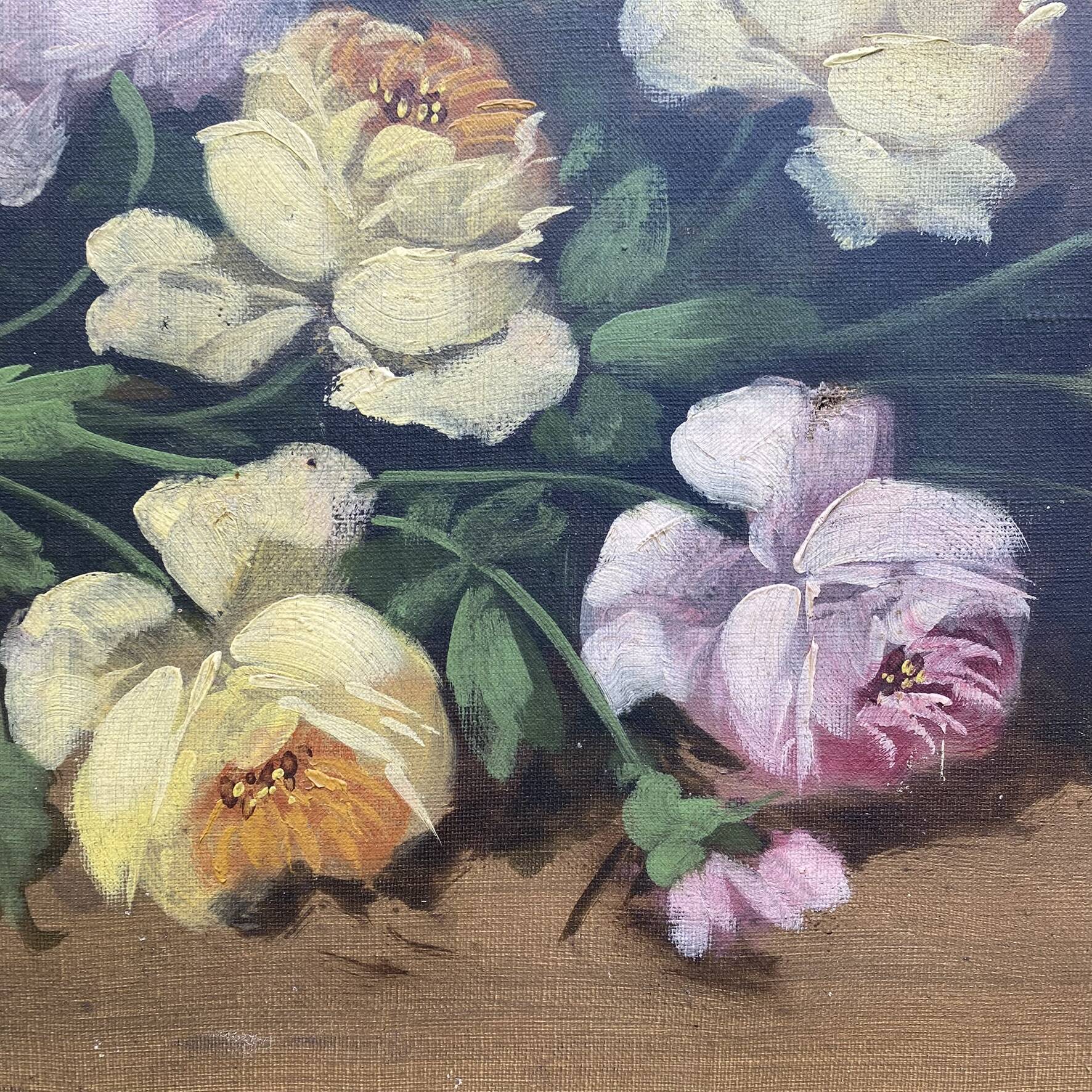 Old still life, old painting of flowers, bouquet of roses.