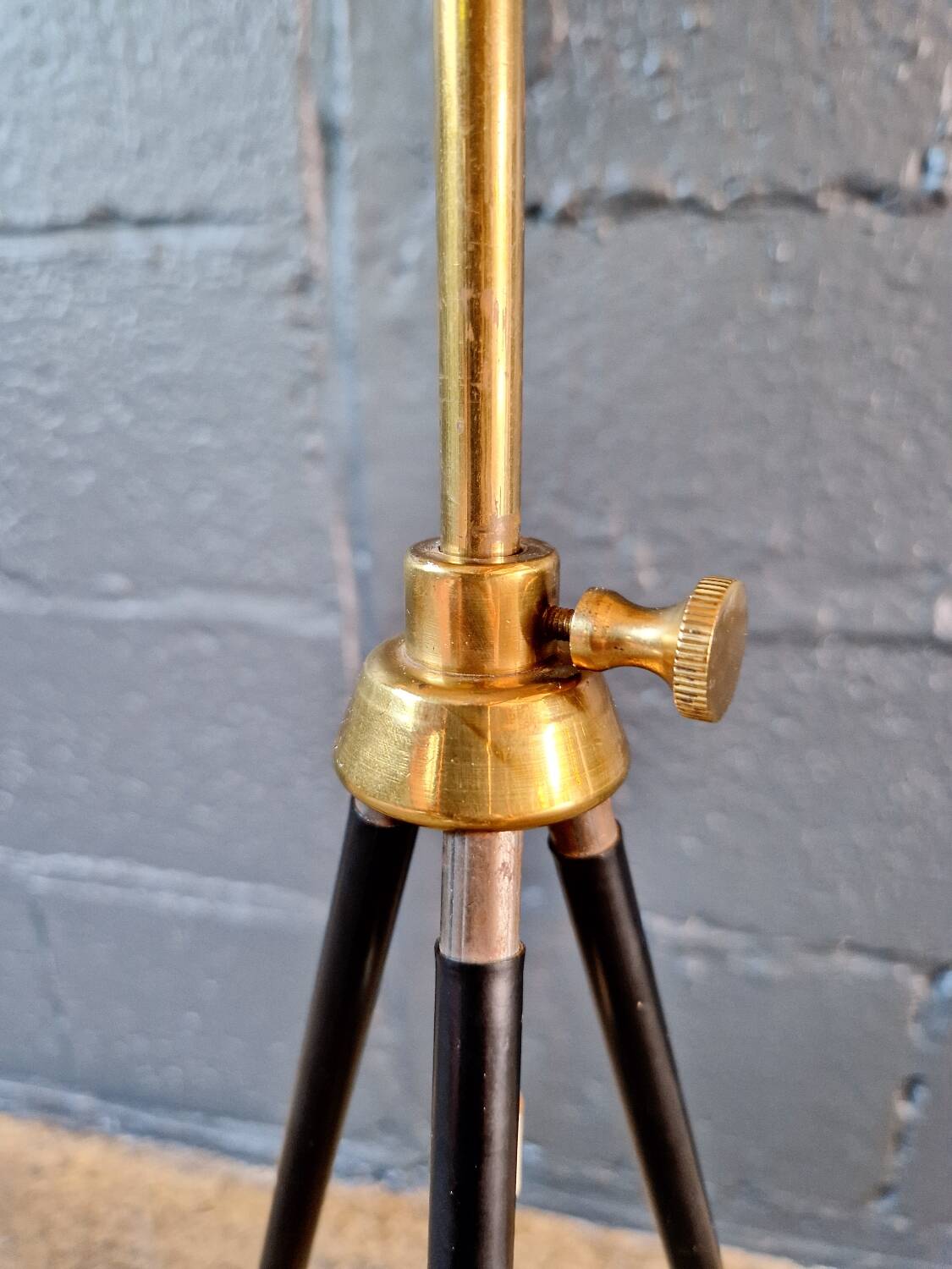 Mid-century tripod floor lamp, cord shade, 1950s-60s.