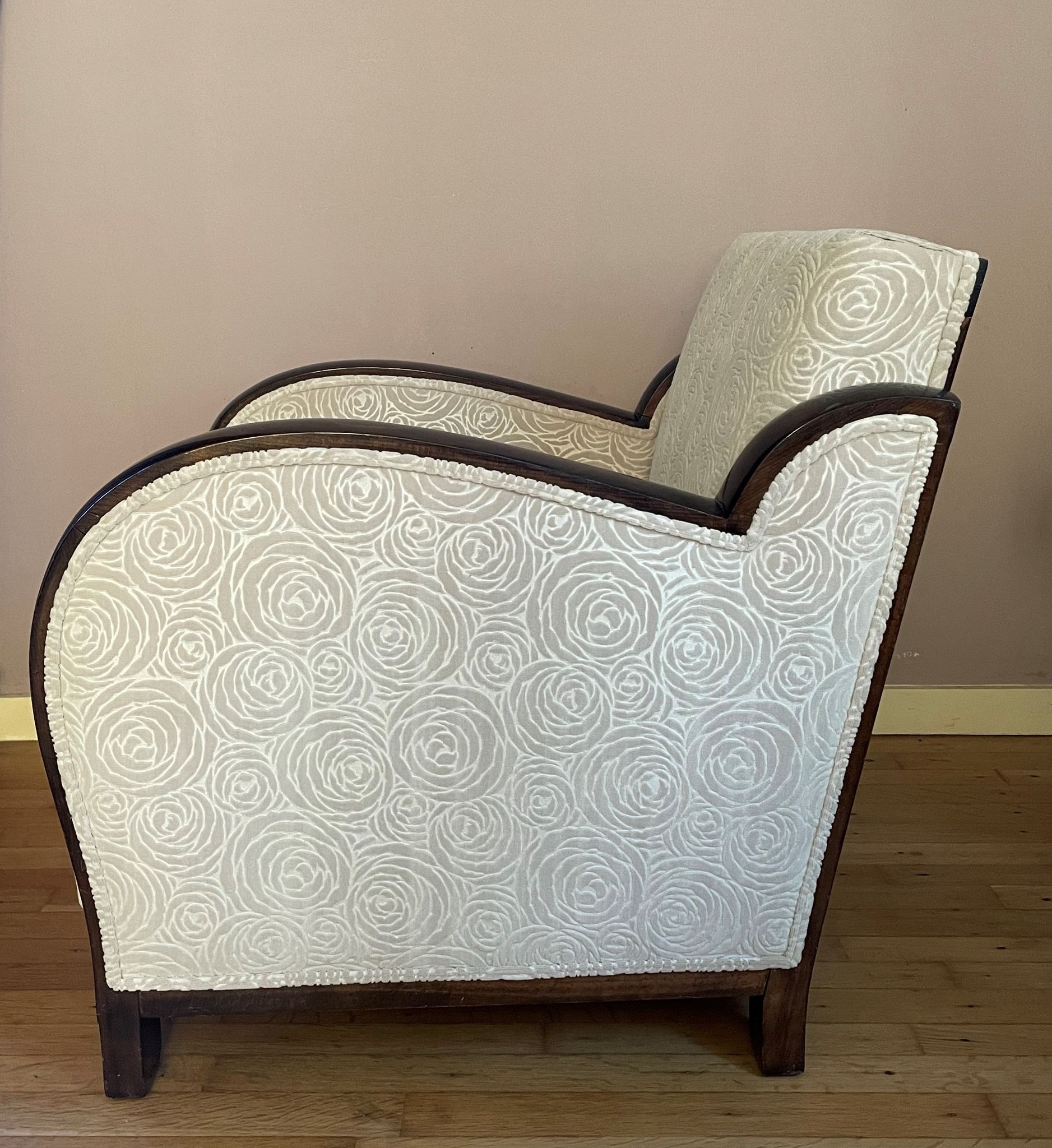 Art-deco convertible armchair in tinted beech and ivory-colored cotton velvet fabric