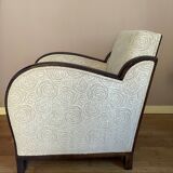 Art-deco convertible armchair in tinted beech and ivory-colored cotton velvet fabric