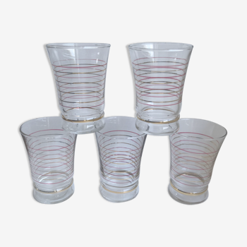 Lot de 5 verres à eau dorés et rouge années 50