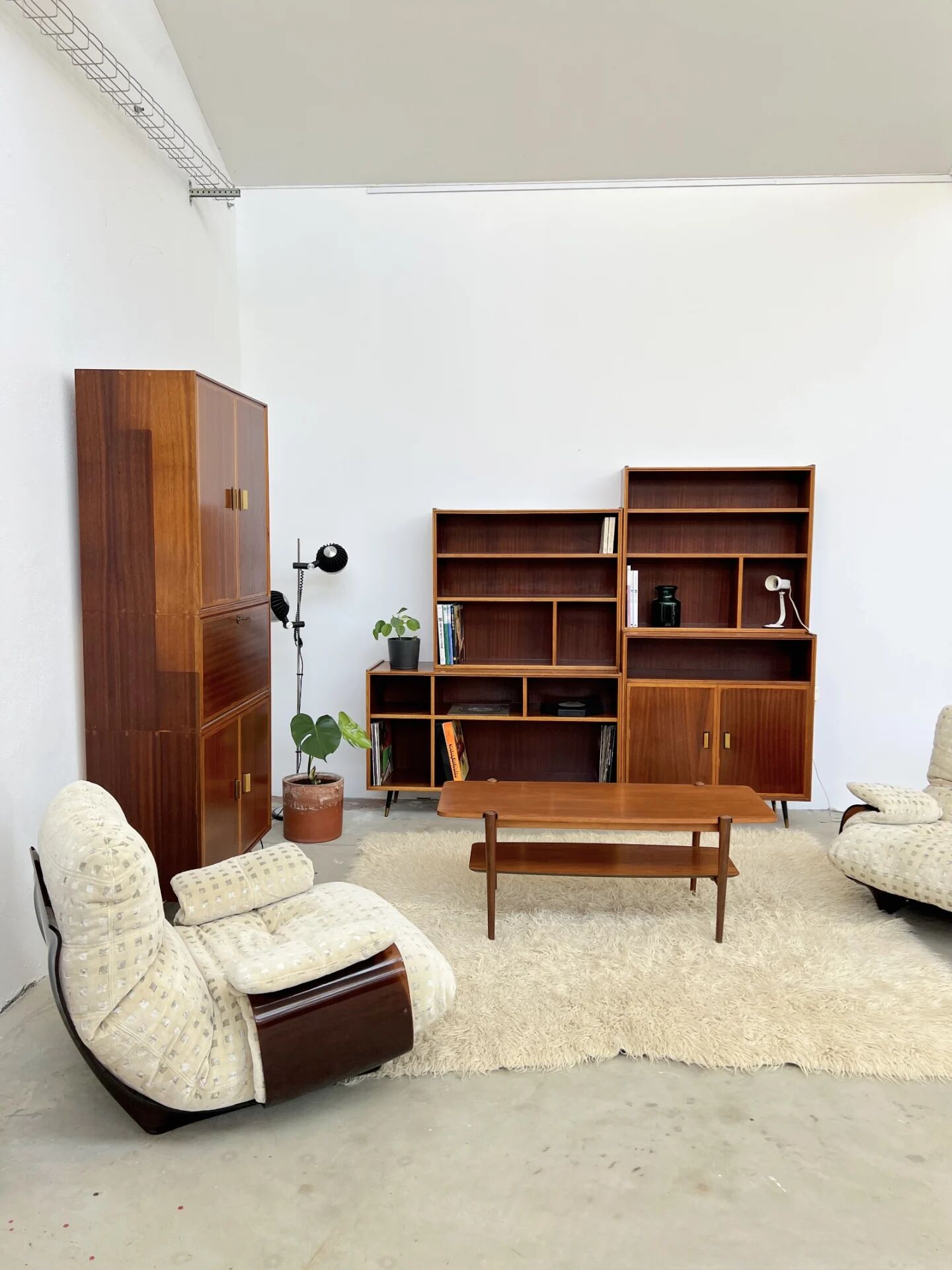Asymmetrical mahogany bookshelf — 2 offset elements, custom-made, 1960s