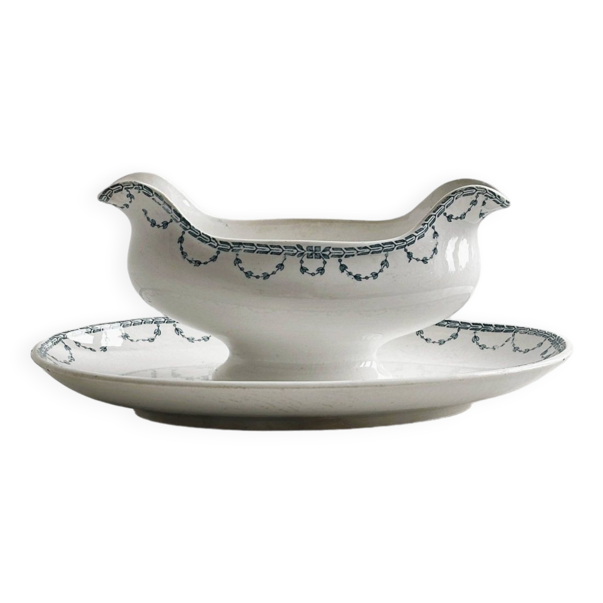 Gravy boat on earthenware frame Digoin Sarreguemines Faust.