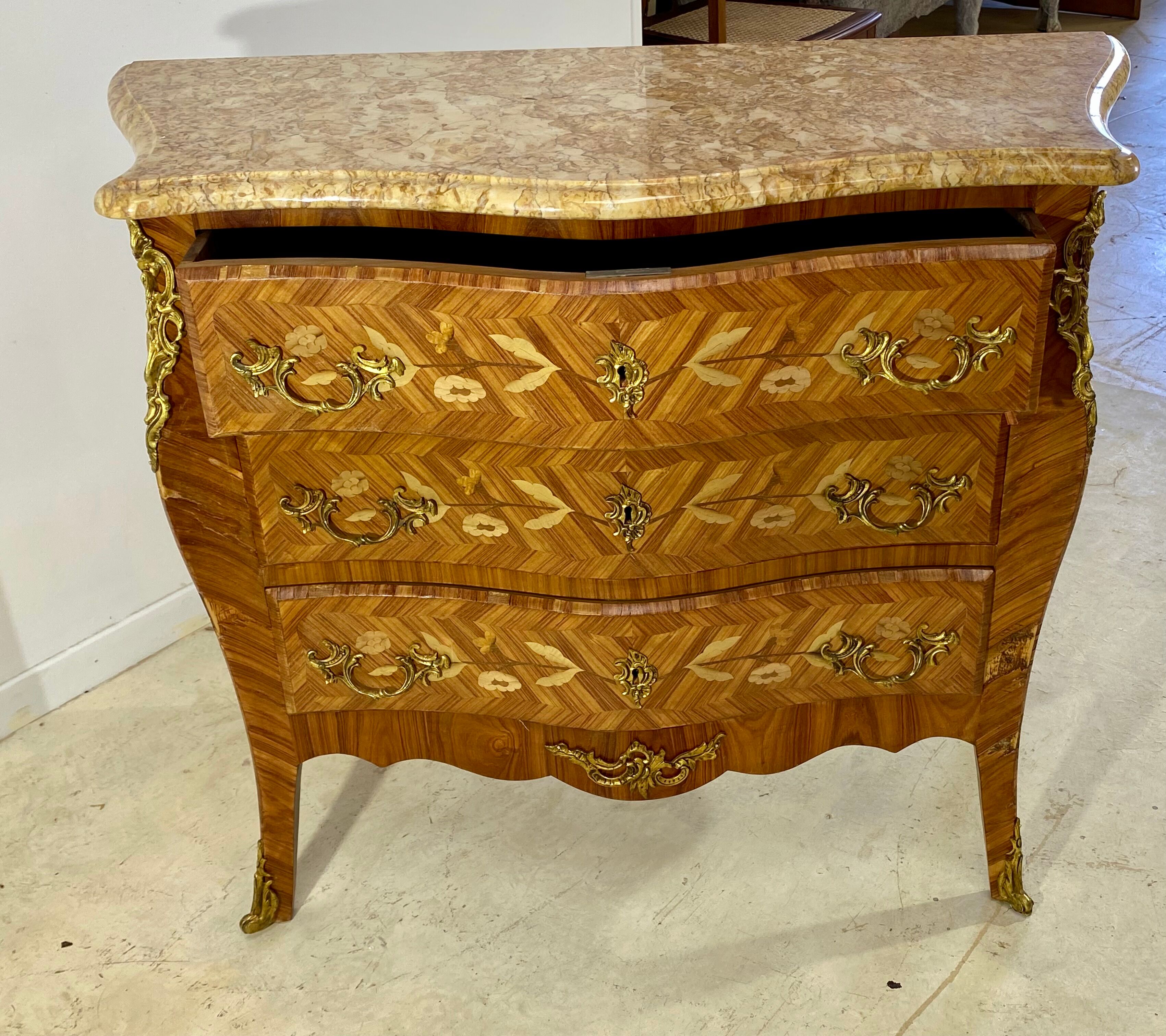 Inlaid chest of drawers Louis XV marble top