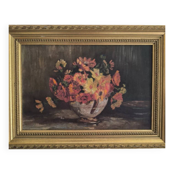 Huile sur toile signée MP "Nature morte au bouquet de fleurs" cadre bois doré