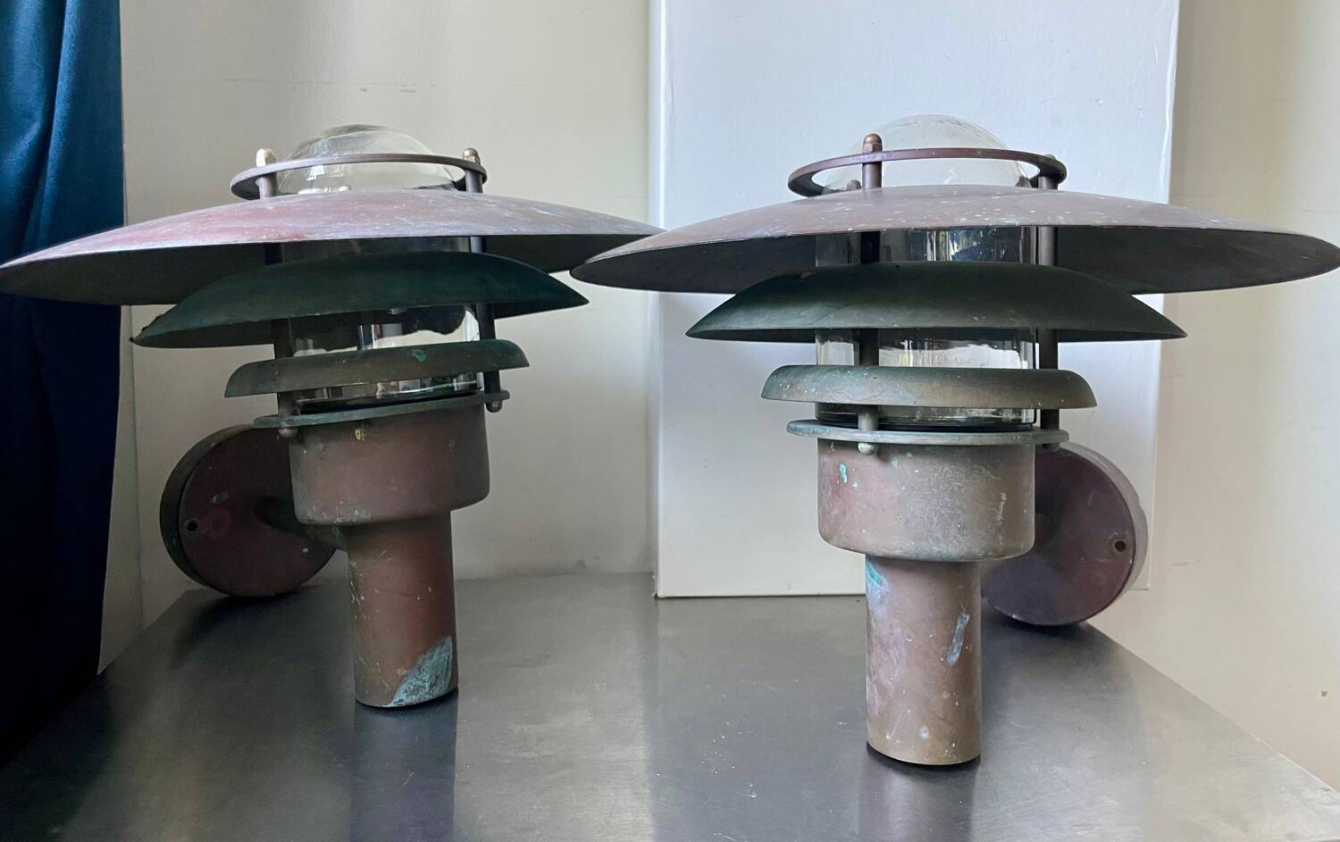 Pair large classic danish mcm outdoor wall lamps in  copper
