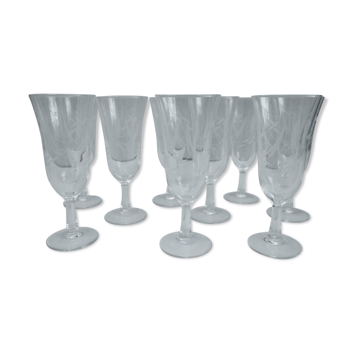 Flûtes à champagne, forme tulipe , verre gravé, lot de 9 Selency