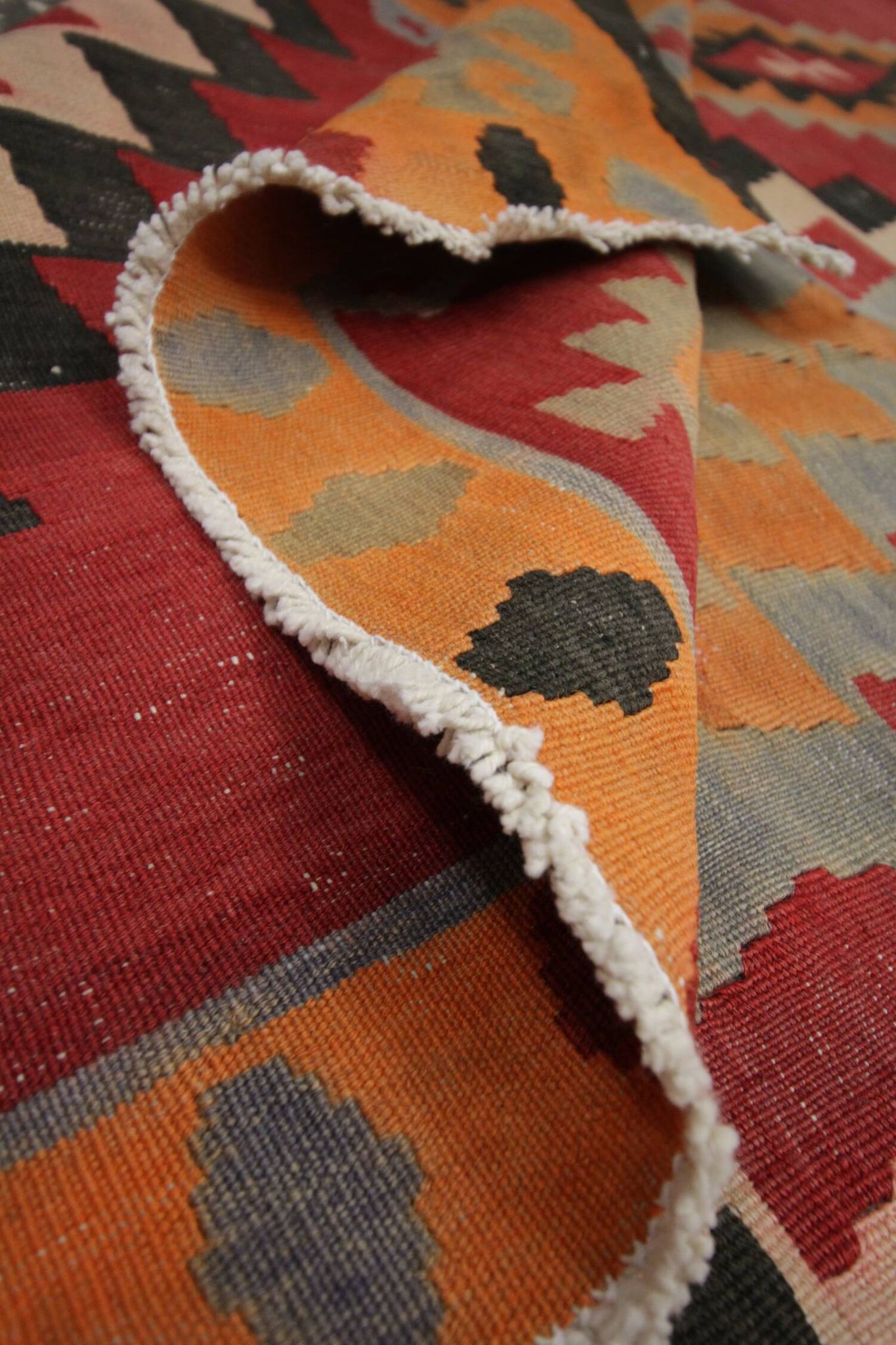 Vintage Red Orange  Kilim Rug 1980s Wool Tribal Flatweave 287 x 150 cm