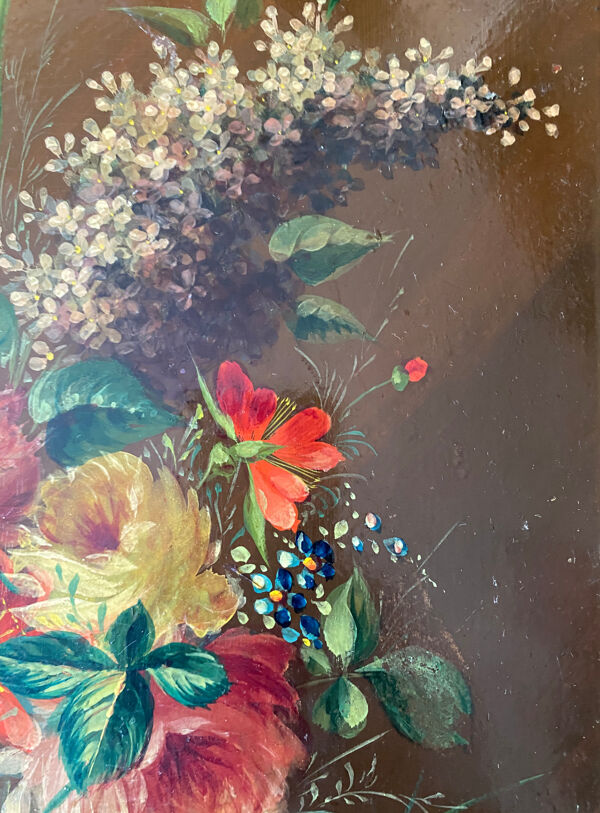 Tableaux XIX° pendant HSP acajou ''Bouquet de fleurs'' signés Vincent + cadre