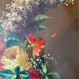 Tableaux XIX° pendant HSP acajou "Bouquet de fleurs" signés Vincent + cadre