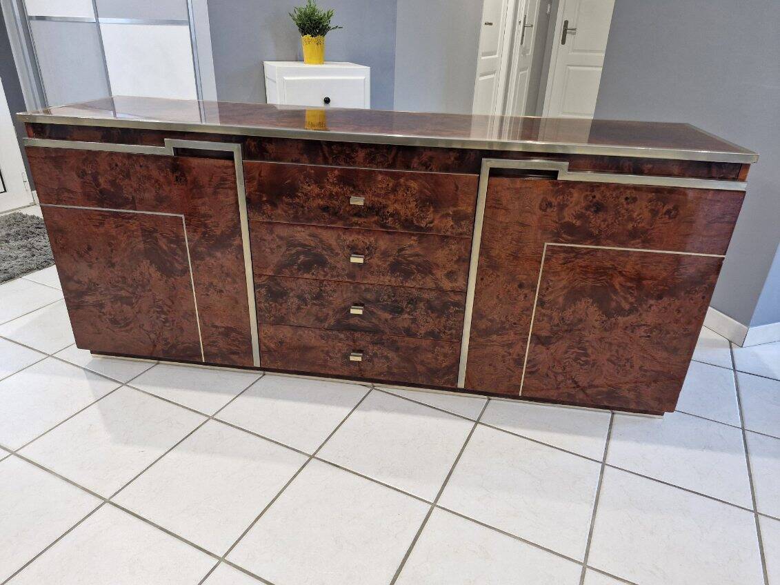 Vintage elm burl and chrome sideboard from the 1970s.