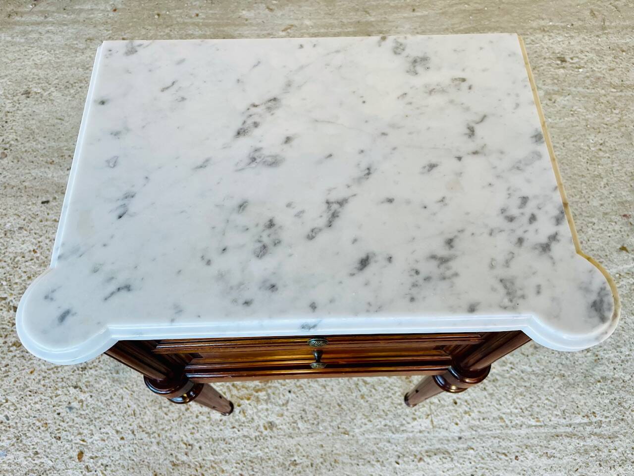 Louis XVI style bedside table, Carrara marble and mahogany