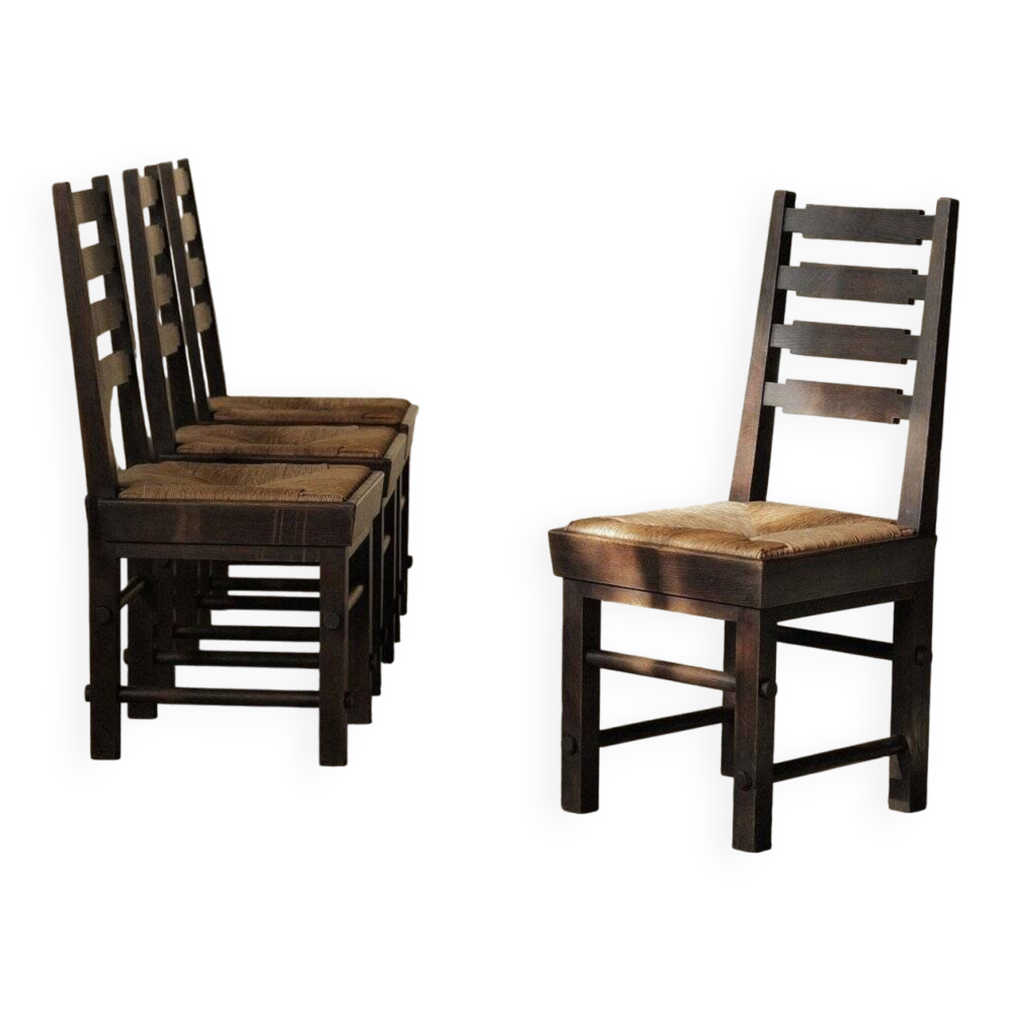 Modernist chairs in oak and woven straw, France, circa 1948