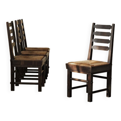 Chaises modernistes en chêne et paille tressée, France, vers 1948