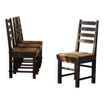 Modernist chairs in oak and woven straw, France, circa 1948