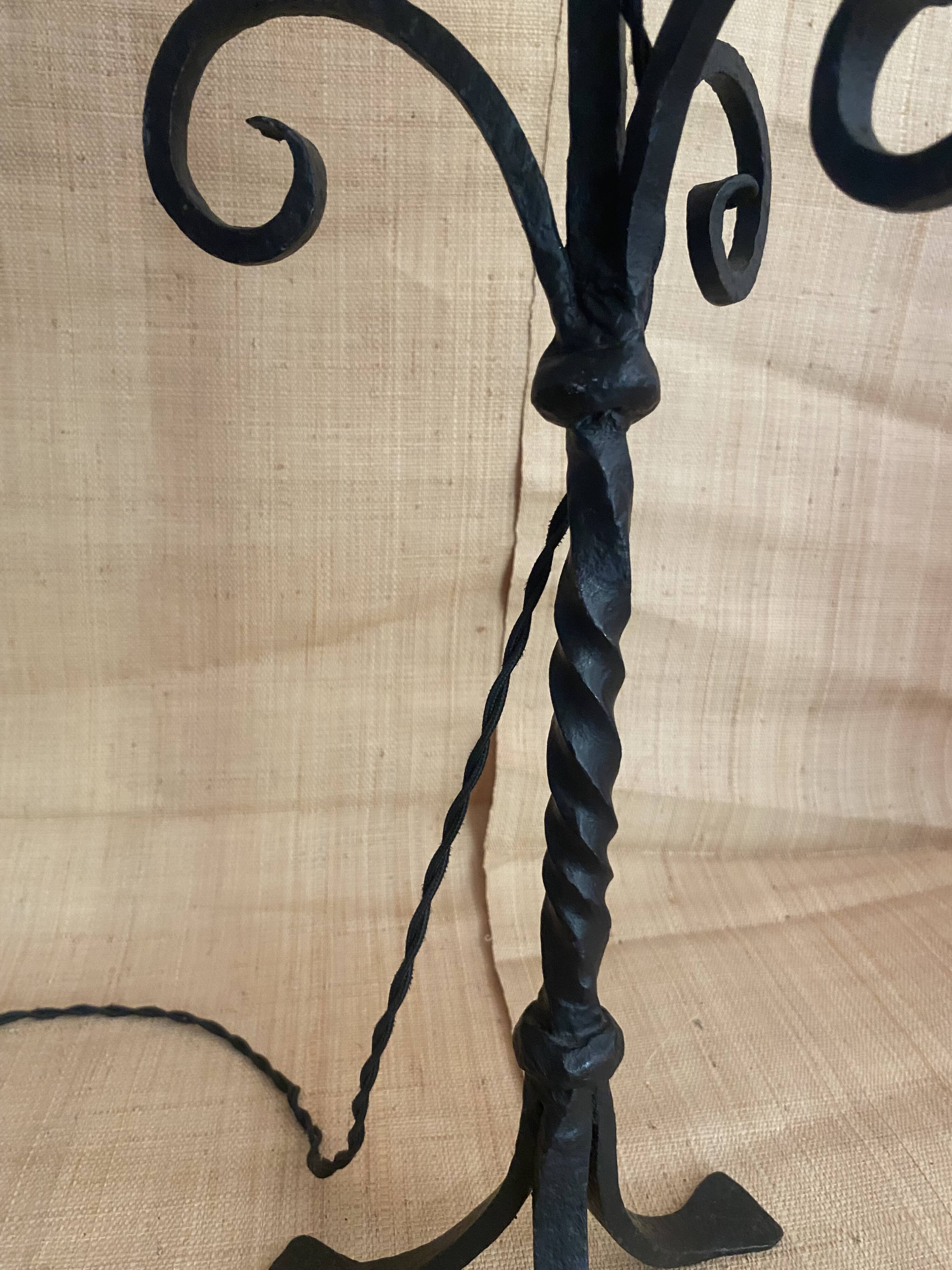 1970s wrought iron lamp, new 2m fabric cable, lampshade.