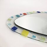 Grand miroir ovale en verre de Murano vintage des années 1970 bleu rouge jaune