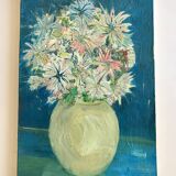 tableau / huile sur toile nature morte bouquet coloré années 50