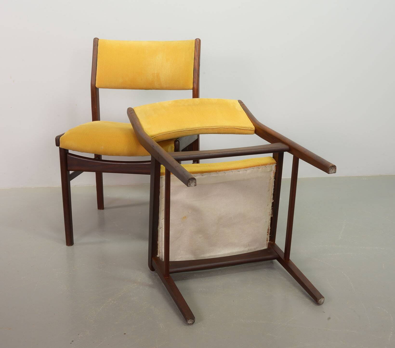 Vintage Design Teak Wooden Dining Chairs with Honey Yellow Corduroy Fabric
