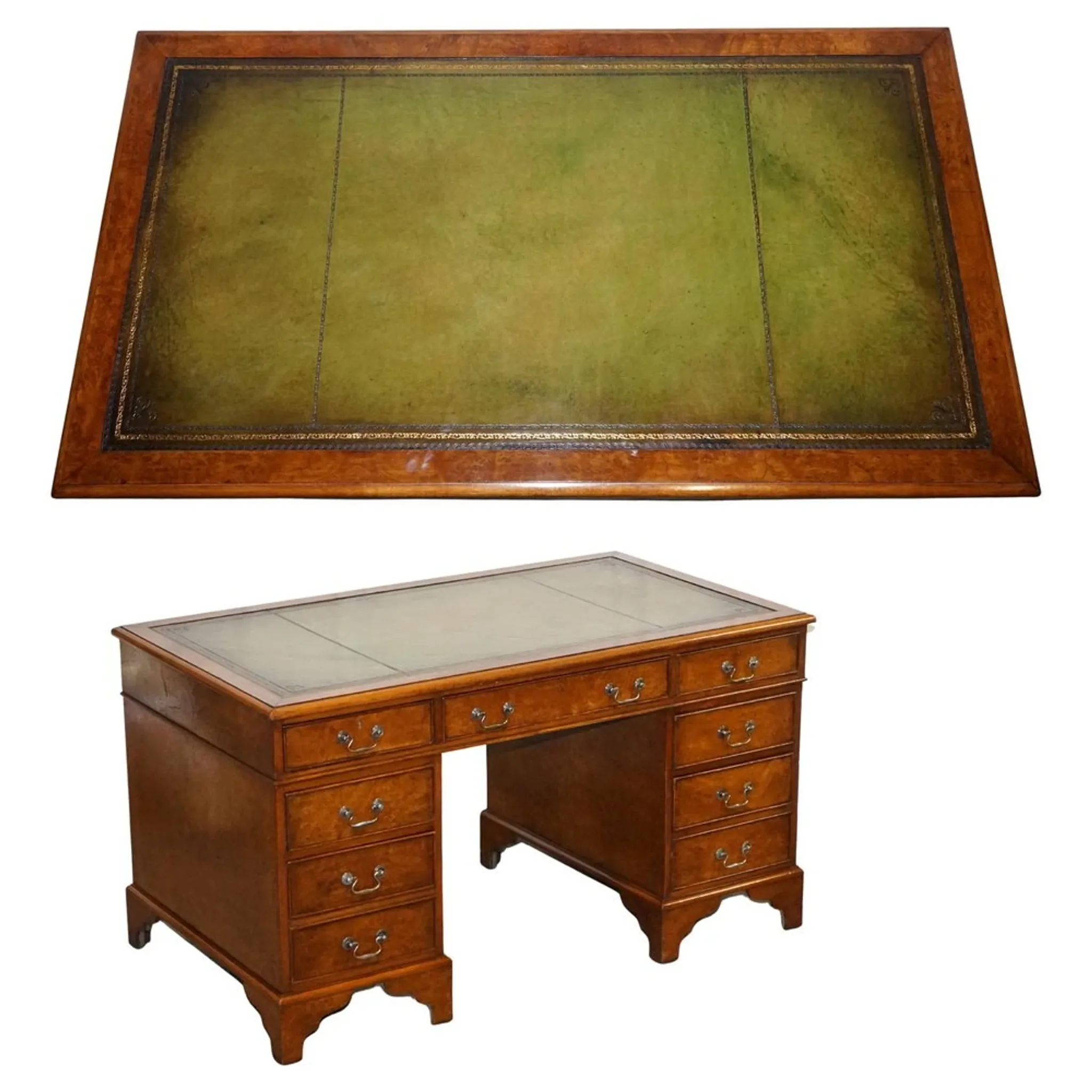 Victorian Pedestal Desk in Walnut and Hand-Dyed Leather