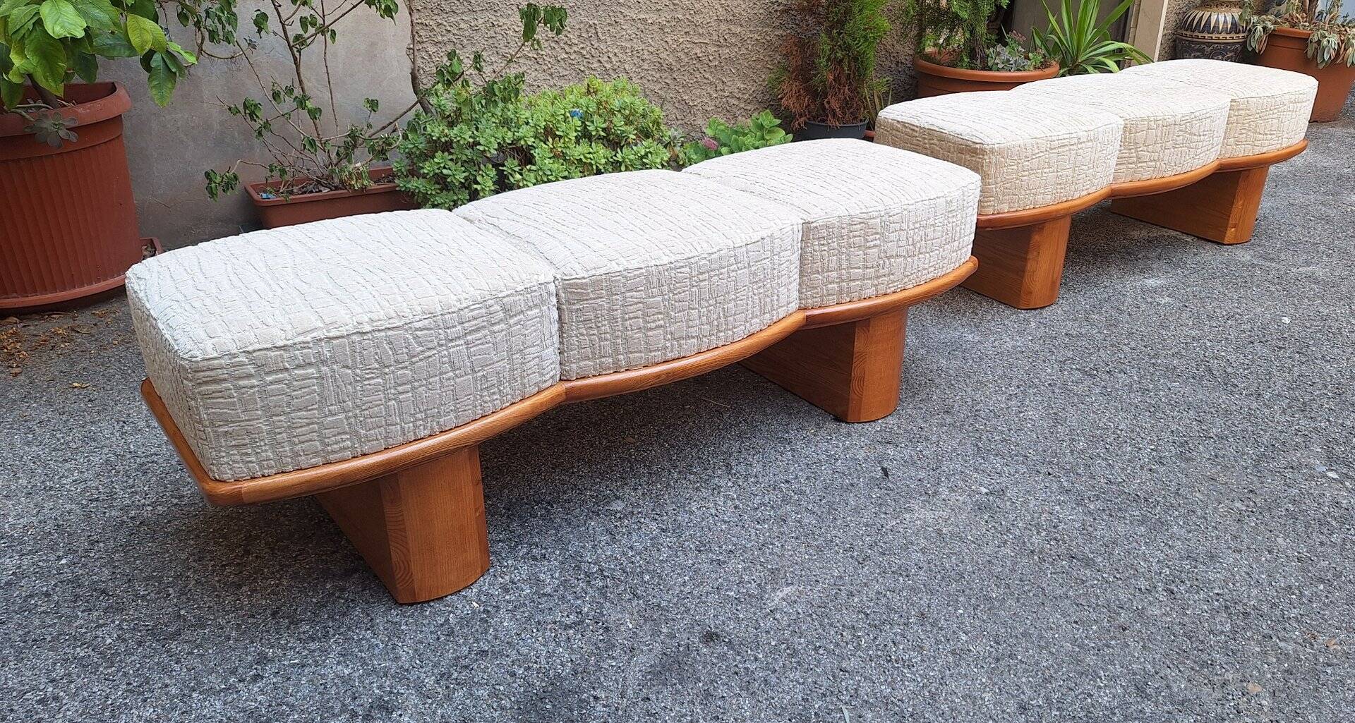 Three-Seater Benches in Sinuous Light Wood and Dedar Fabric, 2000s, Set of 2