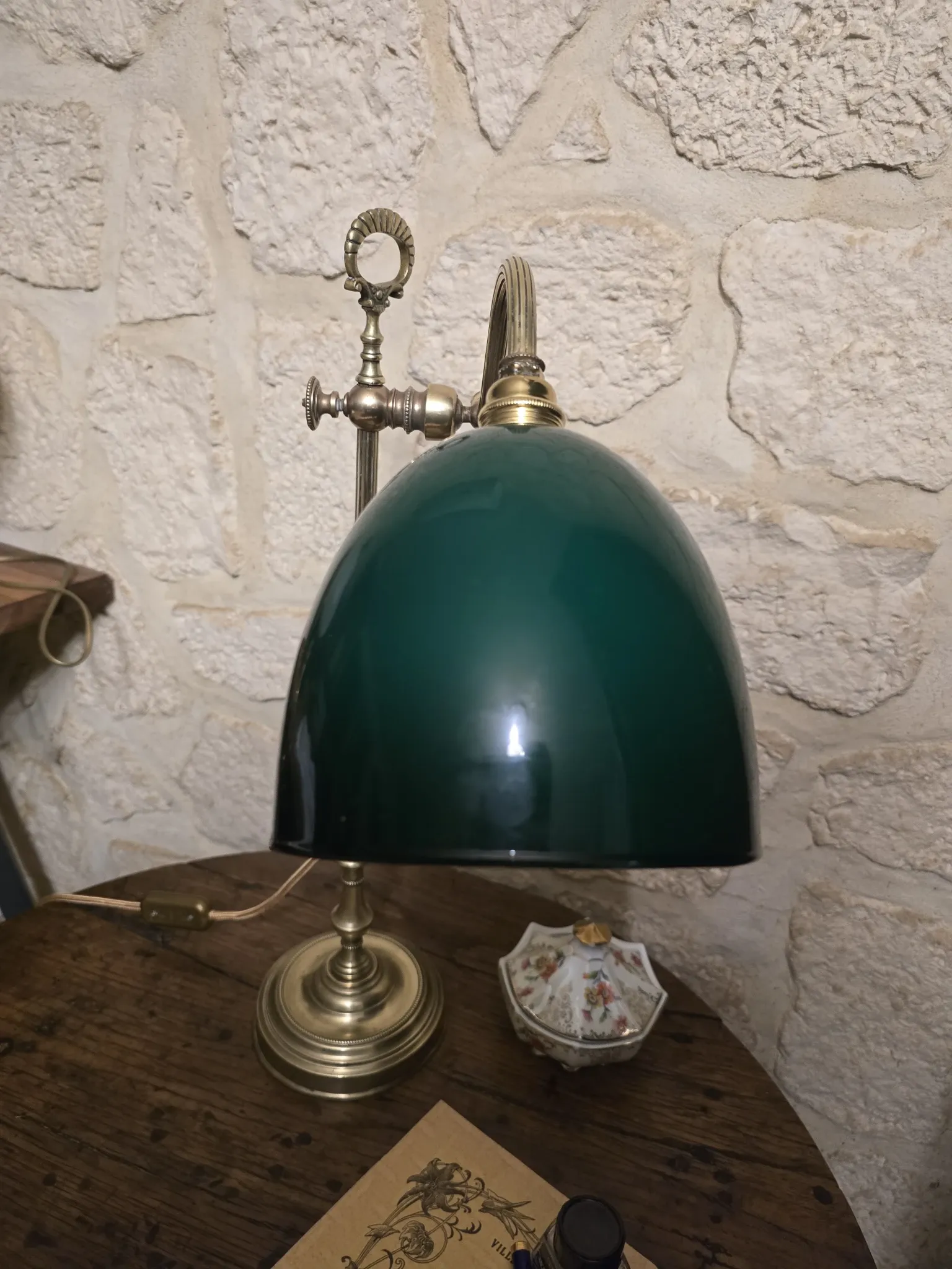 antique brass desk lamp – green shade – adjustable arm