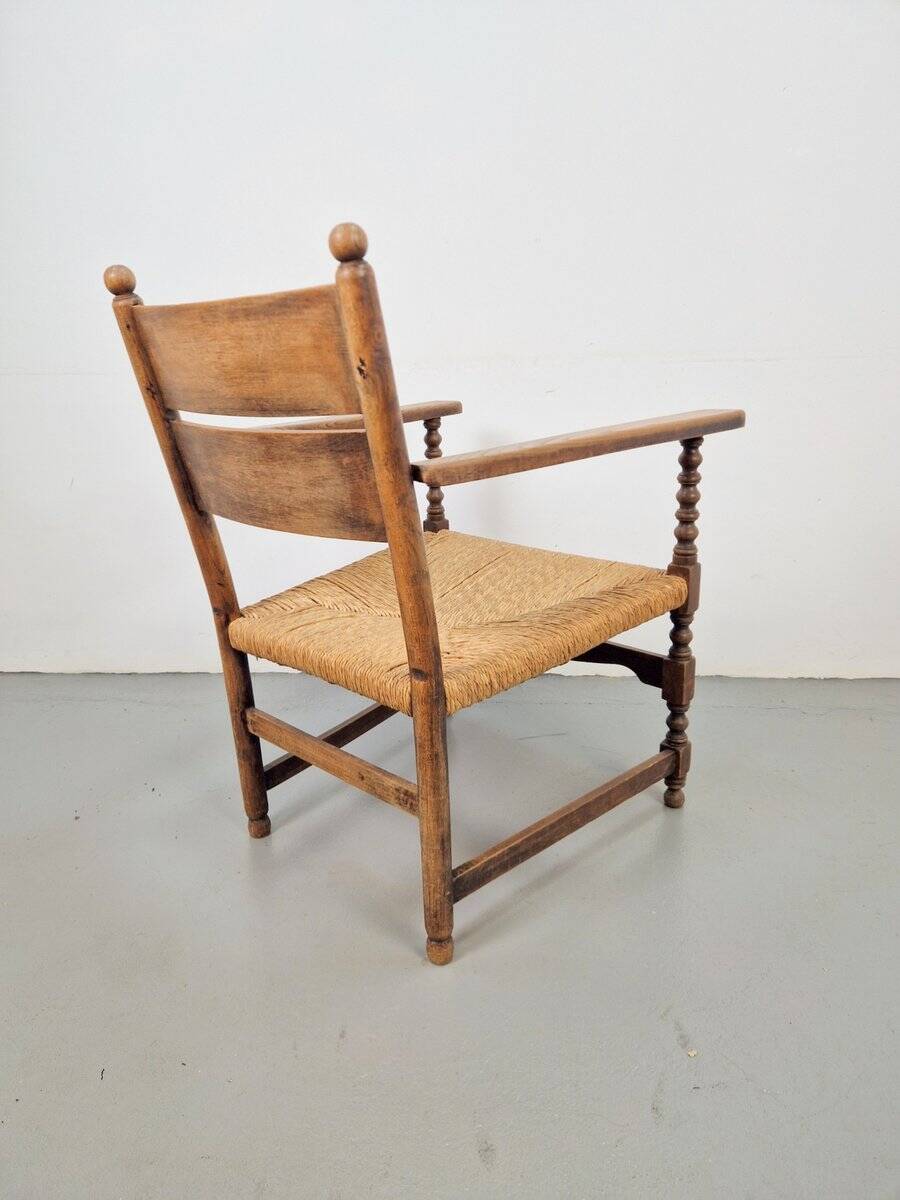 Vintage Dutch Bobbin Armchair in Oak and Rush, 1930s