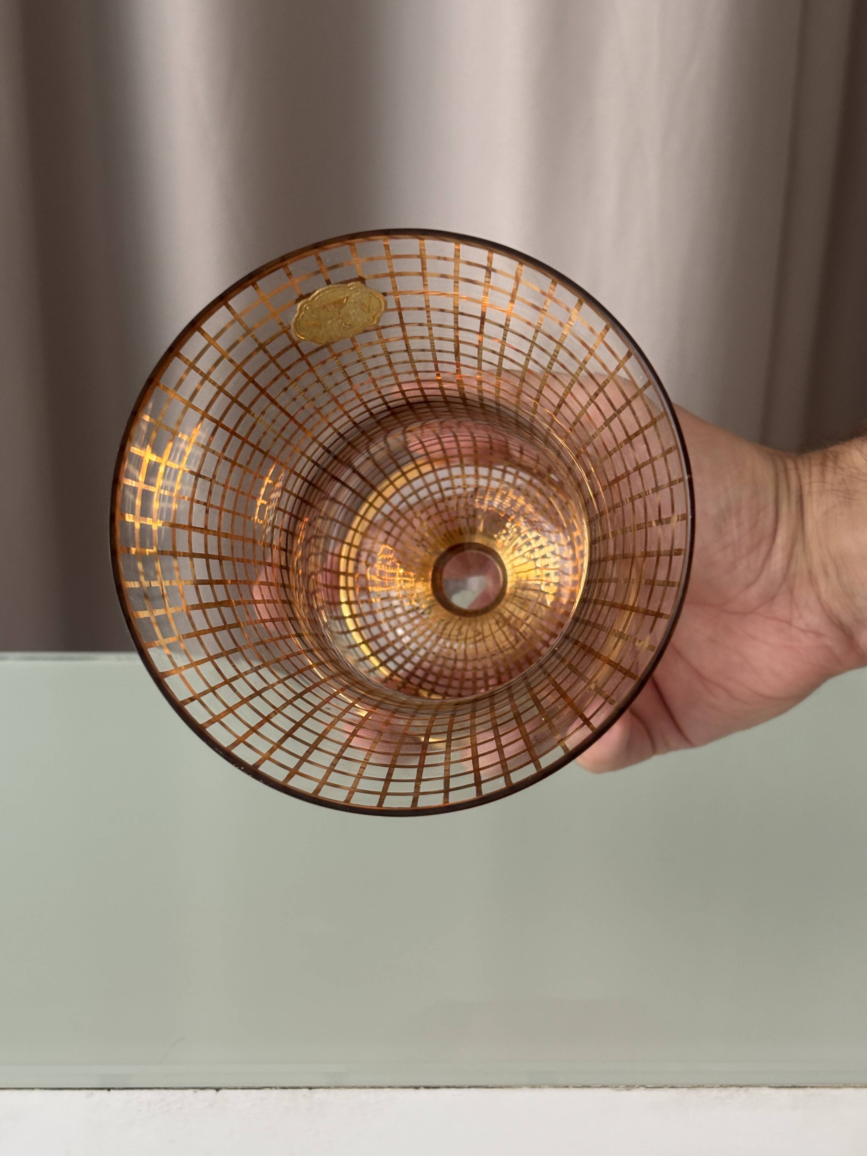 Art Deco Gilded Glass Vase with Geometric Gold Grid Decoration