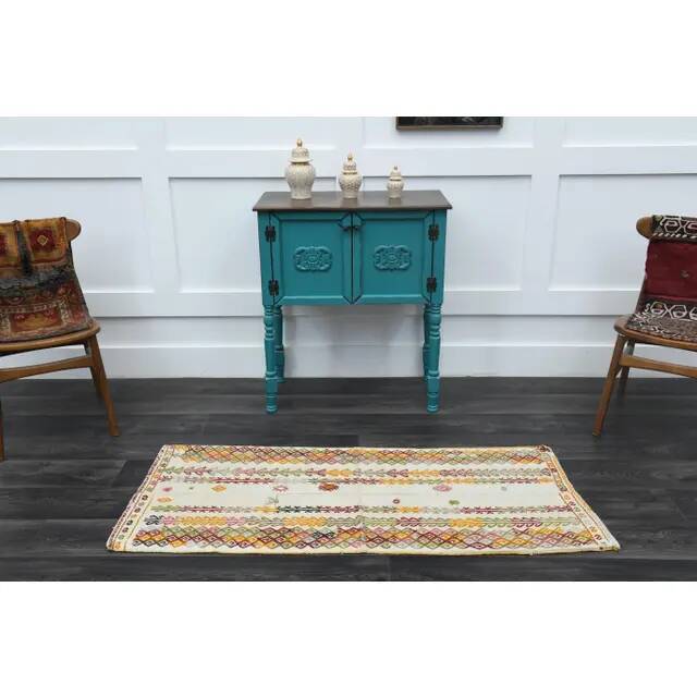 1970s Turkish Hand-Knotted Wool Cotton Beige Kilim Runner Rug 68x159