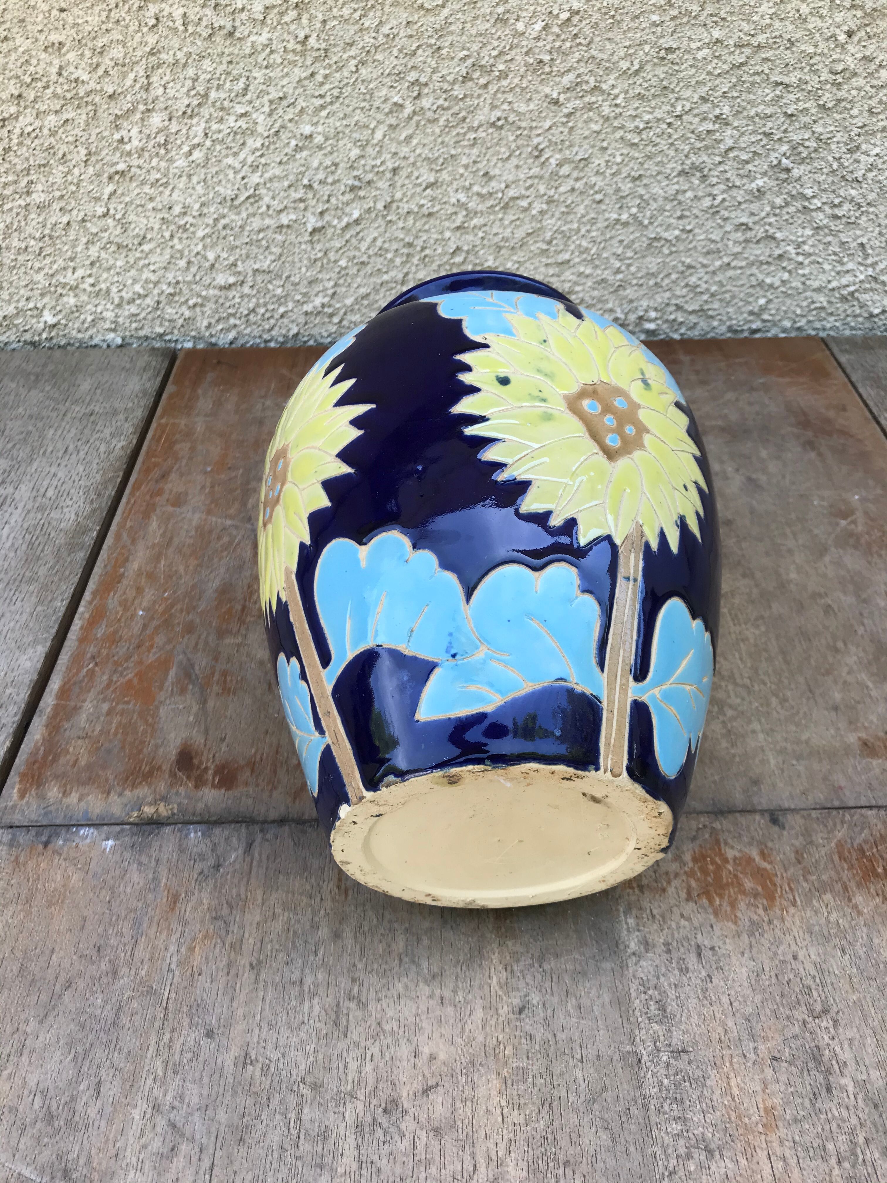 Ancient Blue Enamelled Ceramic Vase Decor Yellow Flowers 60s Vintage
