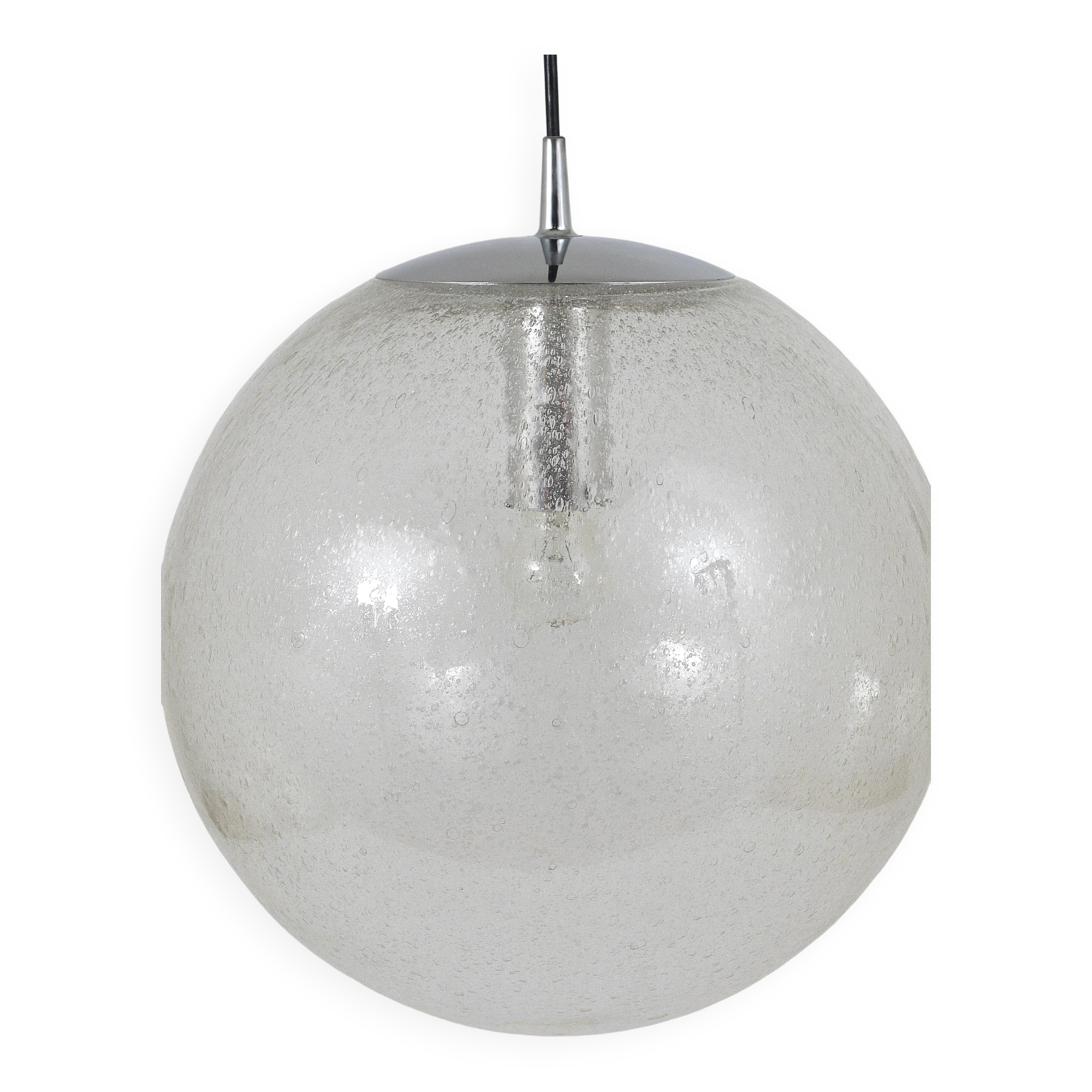 Large glass globe pendant light with bubbles and chrome by Peil & Putzler, Germany, 1970s.