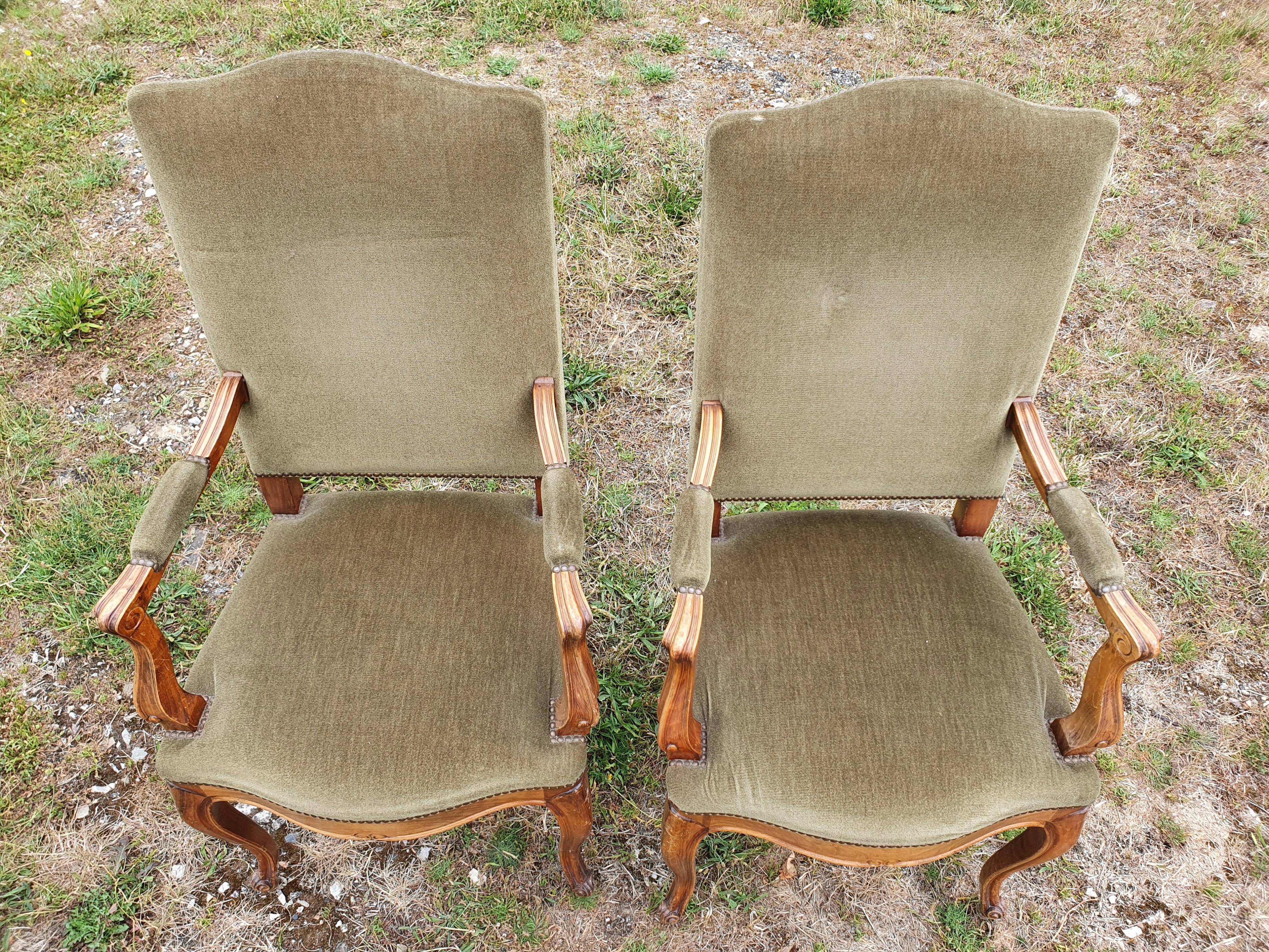 Pair of Louis X V style armchairs in green velvet