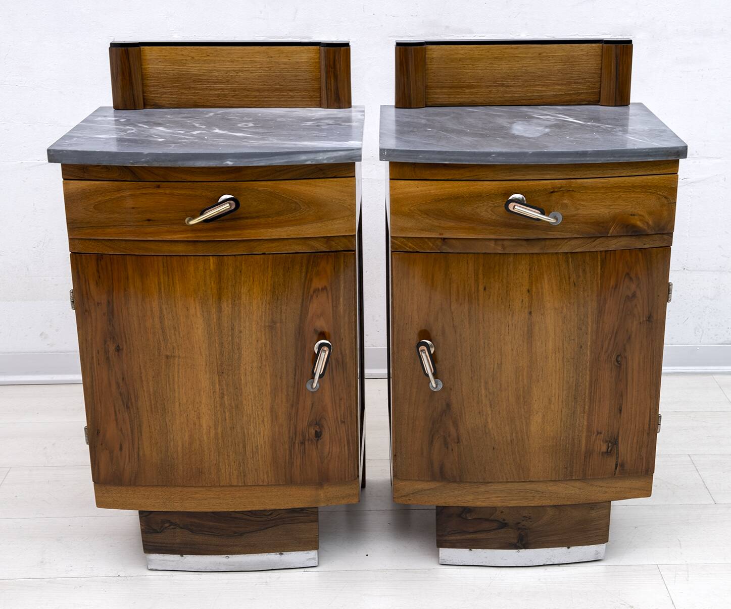 Pair of Art Dèco Italian Walnut and Grafite Gray Marble Bedside Tables,1920