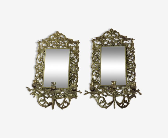Pair french bronze victorian triple mirrored candle wall sconces , 47x26 cm  | Selency