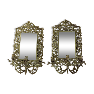 Pair french bronze victorian triple mirrored candle wall sconces , 47x26 cm