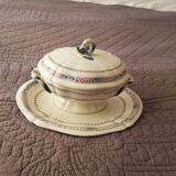 Antique sauceboat with lid in Gien earthenware, Rouen and dolphin decor