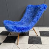 iconic Miroslav Navratil chair blue fluffy fabric for Český Nábytek 1960s