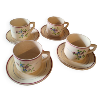 4 tasses et soucoupes terre de fer St Amand Moulin des Loups France, modèle Odette