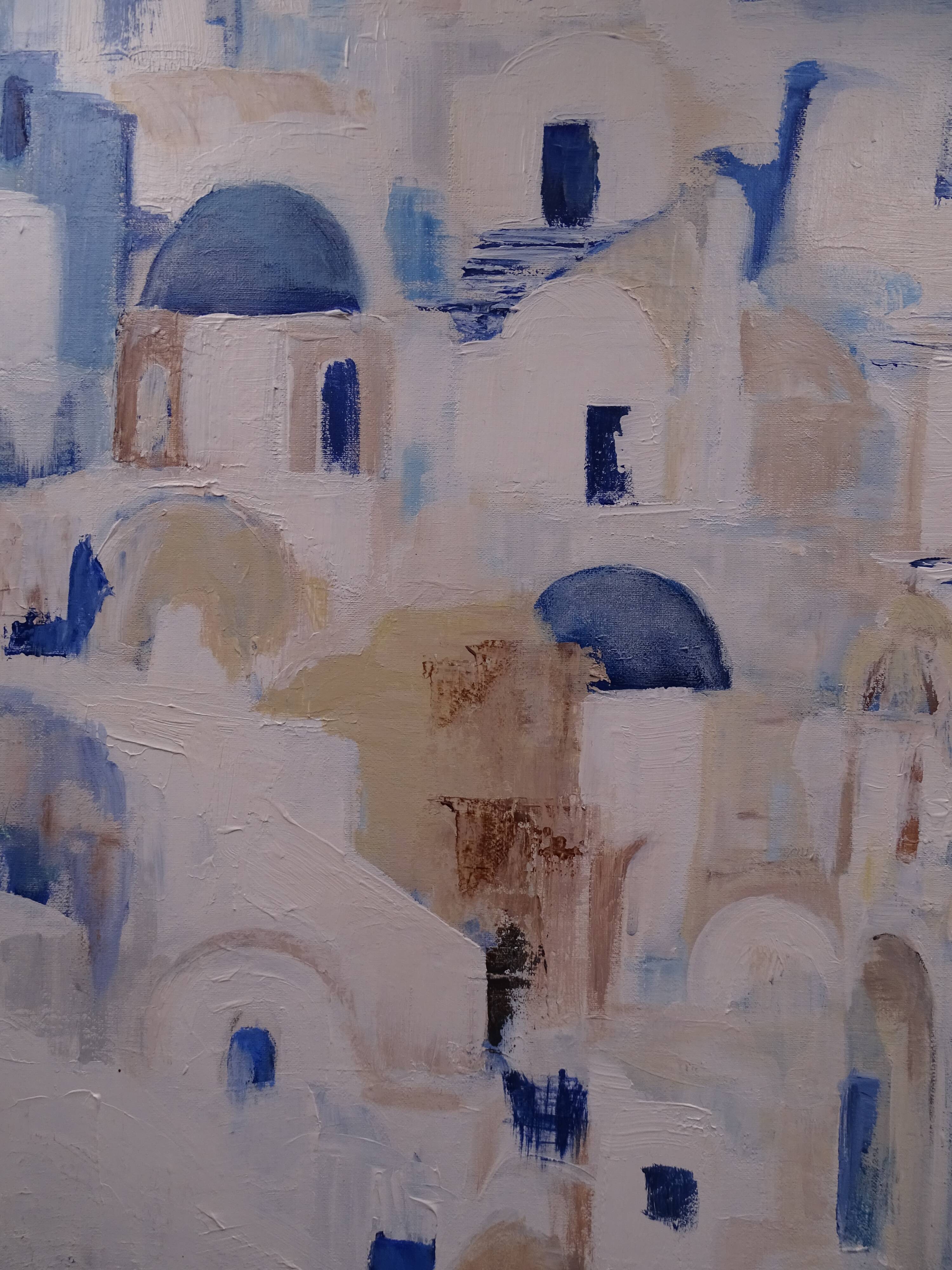 The Greek village - Pastel blue and ochre tones - Signed dated