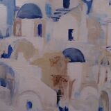 The Greek village - Pastel blue and ochre tones - Signed dated